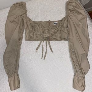 ‘Ruse’ Beige Balloon Sleeve Crop Top